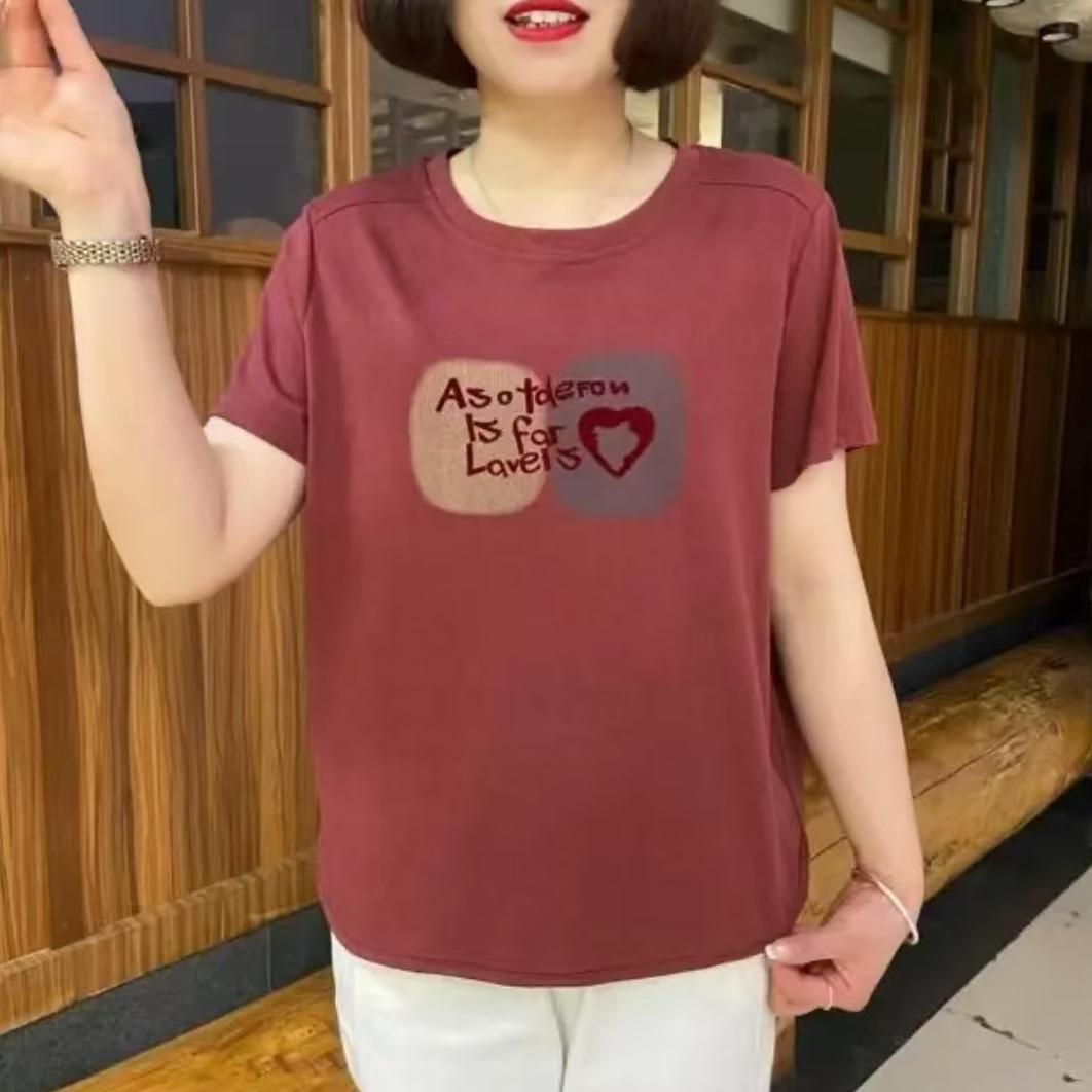 夏季新款宽松版冰丝凉爽百搭圆领印花短袖