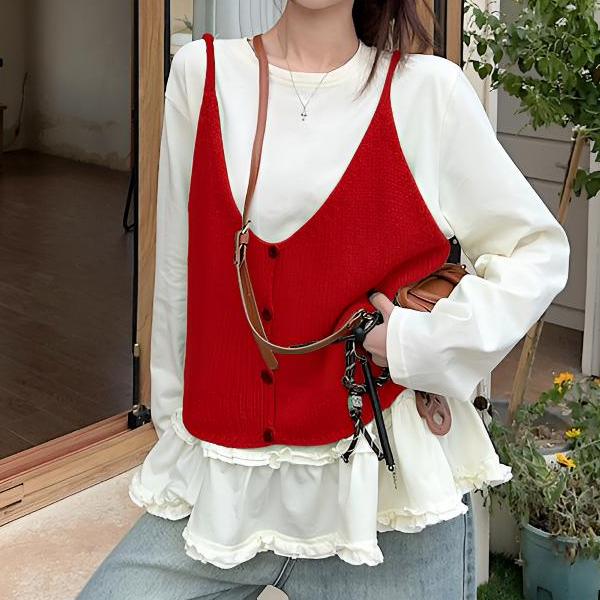 【软绵绵】韩系宽松v领针织马甲女秋季甜美叠穿木耳边长袖T恤上衣