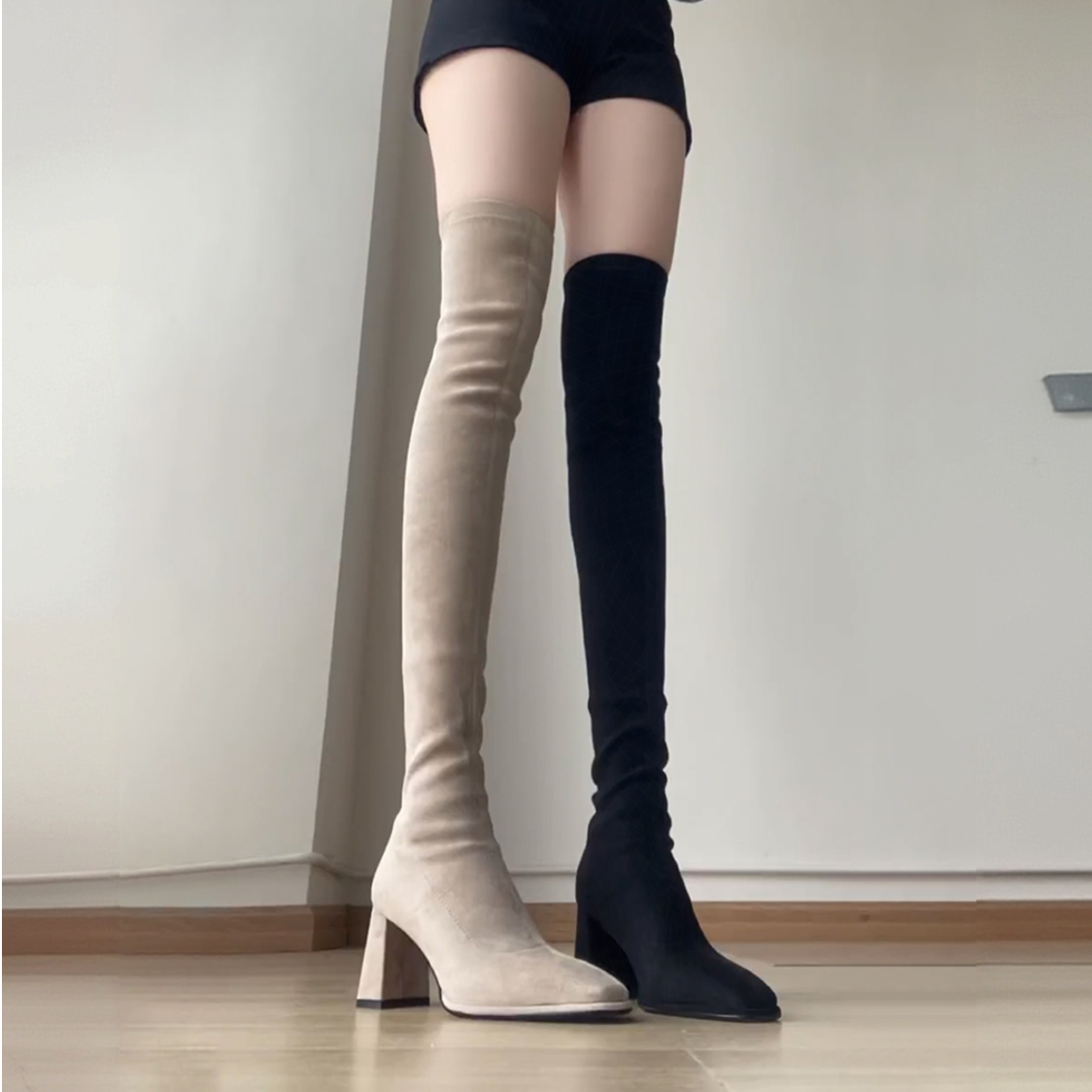 过膝长靴女款2025新款秋冬方头粗高跟爆款鞋子瘦瘦靴高筒弹力靴子