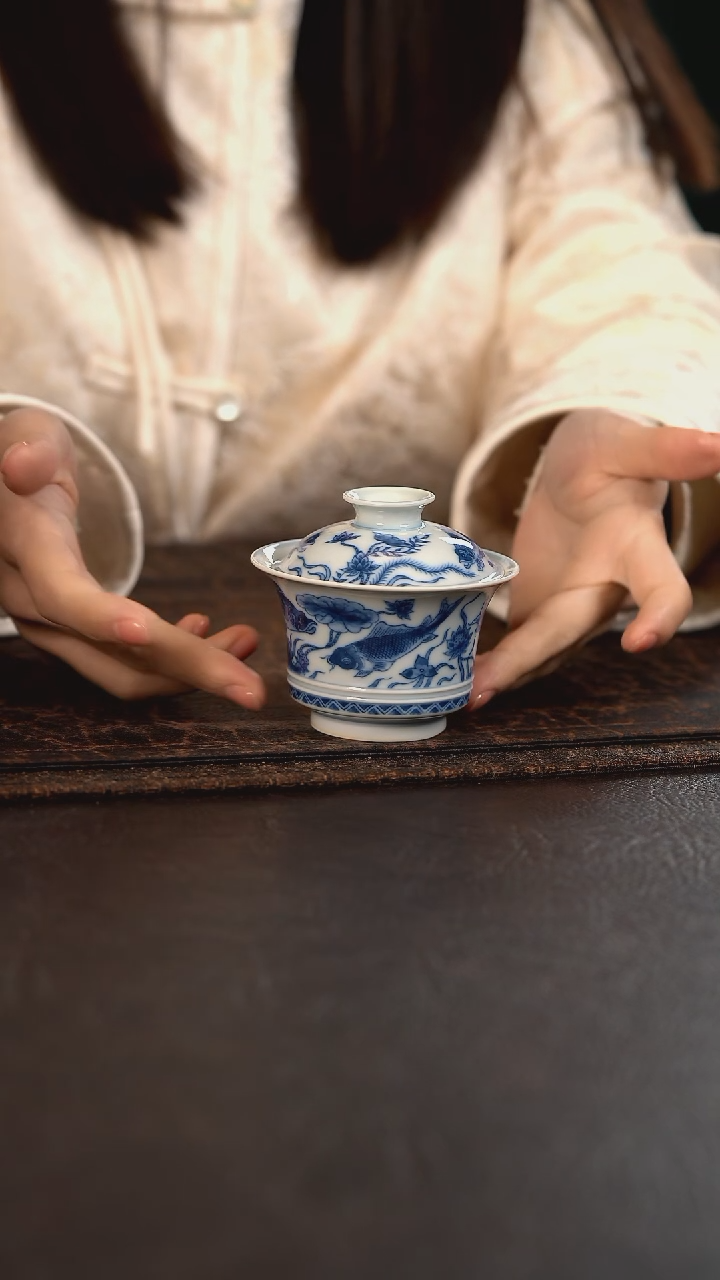 【闪购商品】杯望月怀古鱼藻小马蹄盖碗