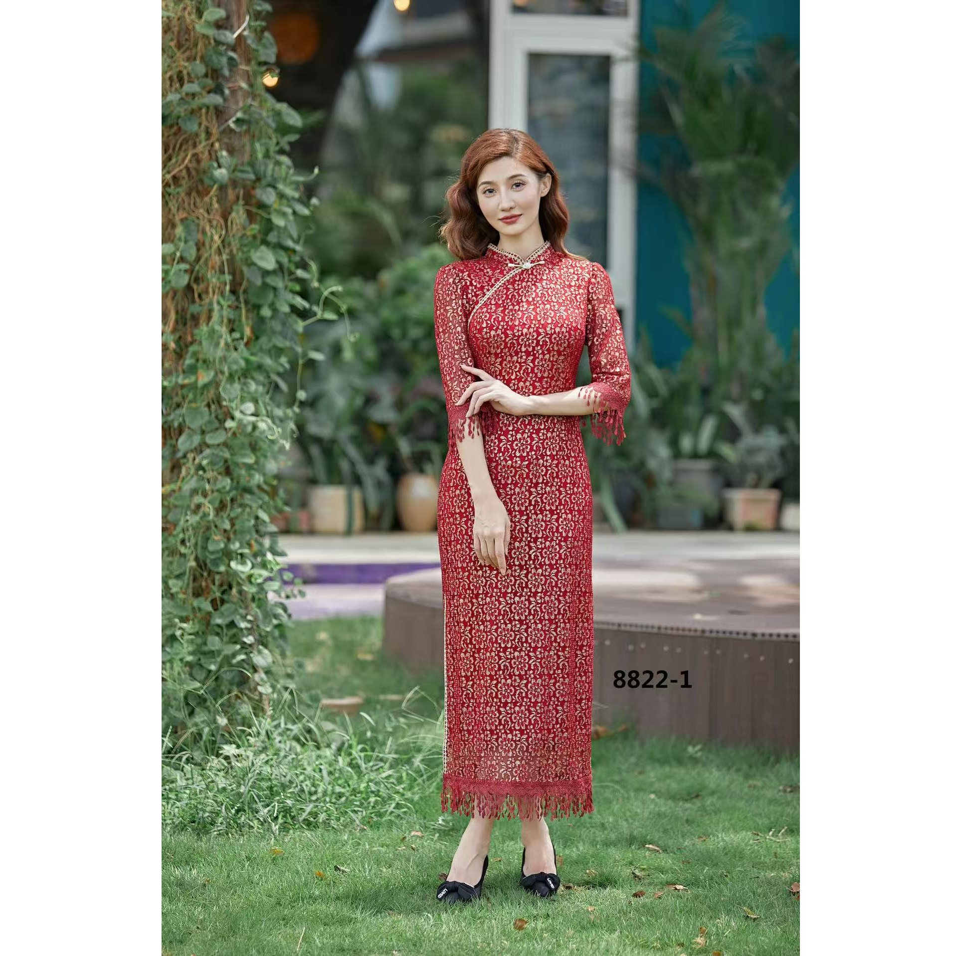 刺绣婚礼碎花一字扣日常七分袖长款旗袍秋季网红长款