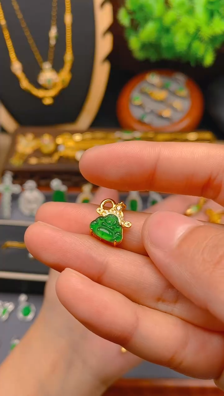 翡翠银S925镶嵌吊坠(不含链)金色财神佛公
