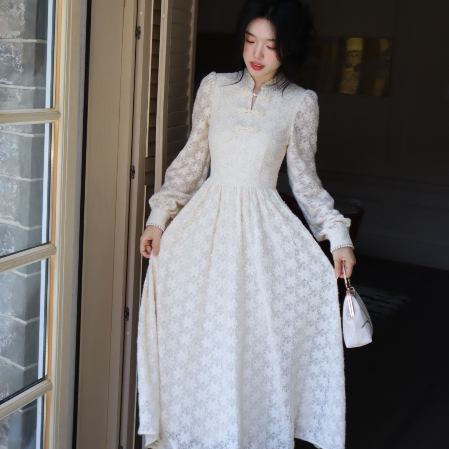 Blovelan云灵隐山 复古气质蕾丝连衣裙新中式旗袍裙秋款