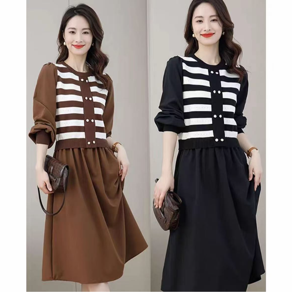 K554拼接褶皱不褪色假两件连衣裙斜襟黑色圆领针织时尚