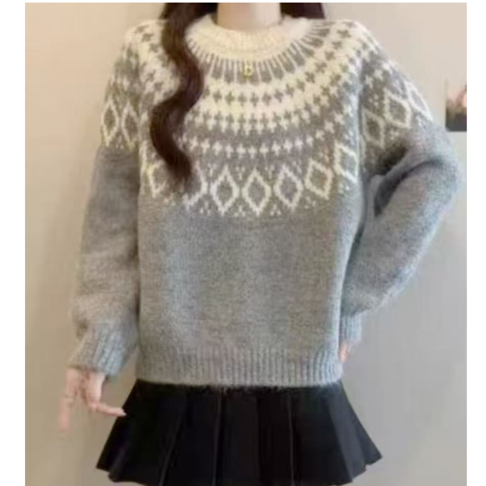 韩系厚款M1470浅灰撞色提花针织衫