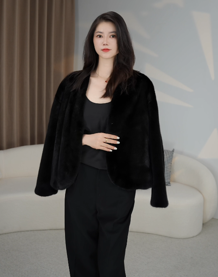 新款首开V领轻奢时尚整貂天鹅绒品质皮草水貂外套女WX001短款50CM