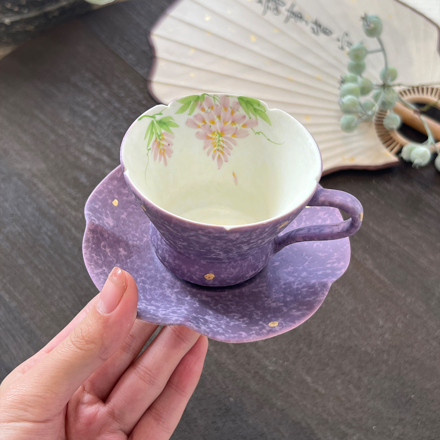 亘古手绘洒金紫藤花茶杯手把杯紫色不规则形状高颜值茶具单杯