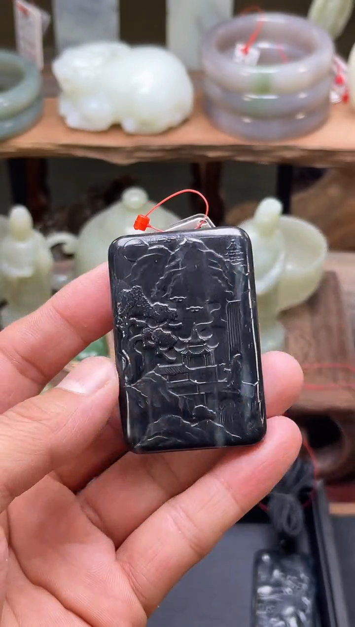 【闪购商品】和田玉吊坠未镶嵌毛毛矿青花 山水无事牌820781