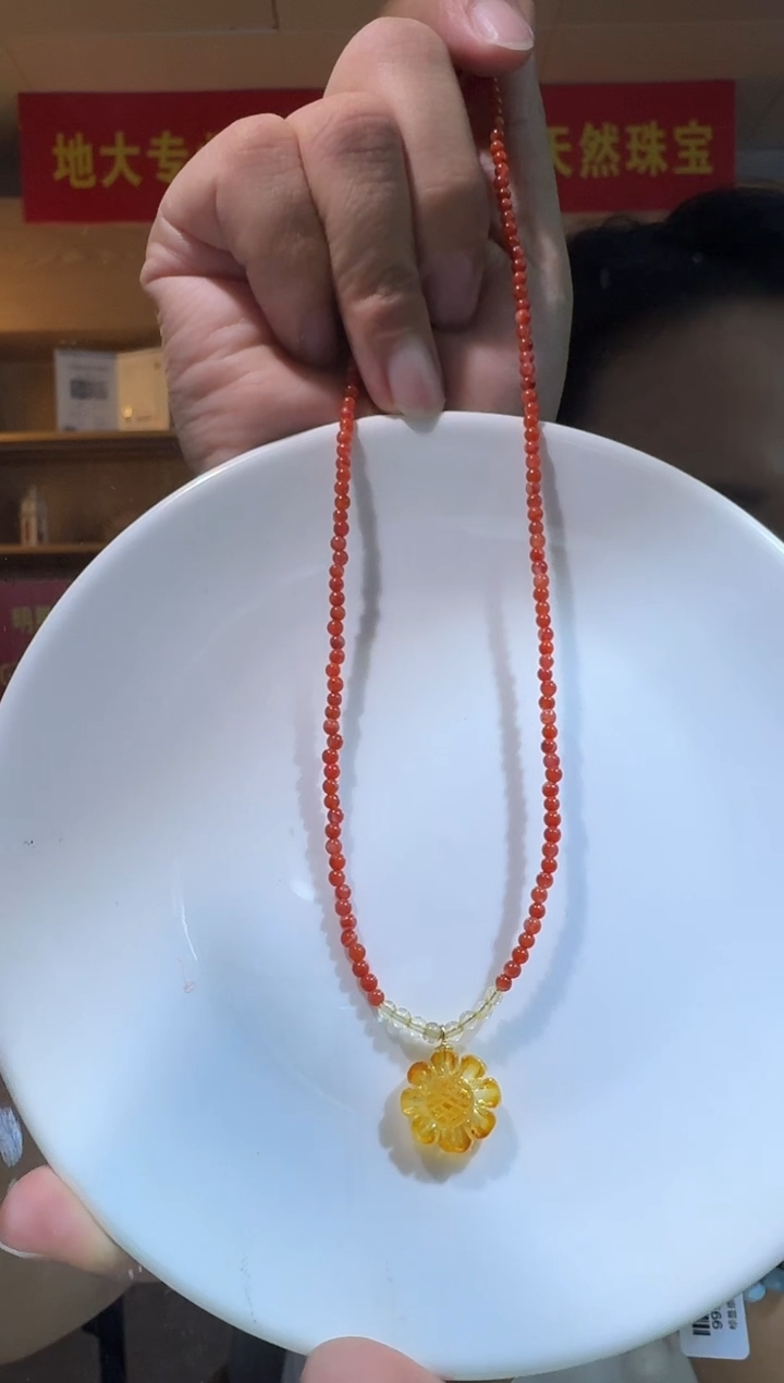 南红玛瑙银S925镶嵌项链南红琥珀太阳花项链