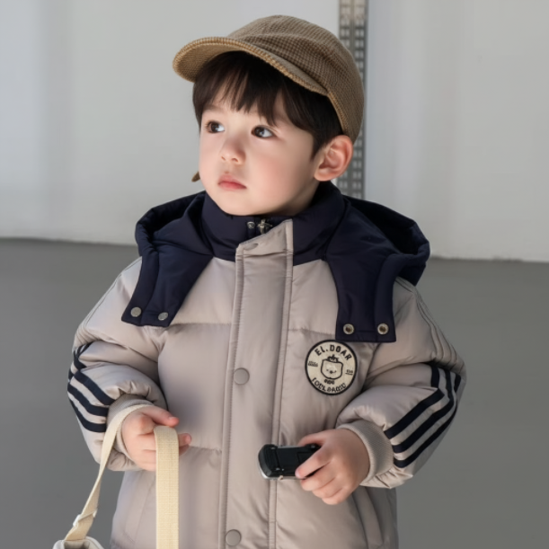 25 OPAO 冬季男童韩版撞色拼接连帽中长款羽绒服外套可爱洋气
