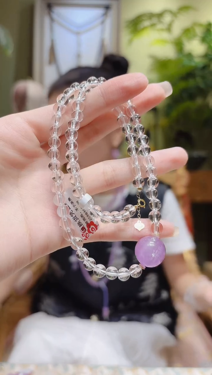 【闪购商品】锂辉石项链18K金镶嵌紫锂辉单珠项链弹簧扣