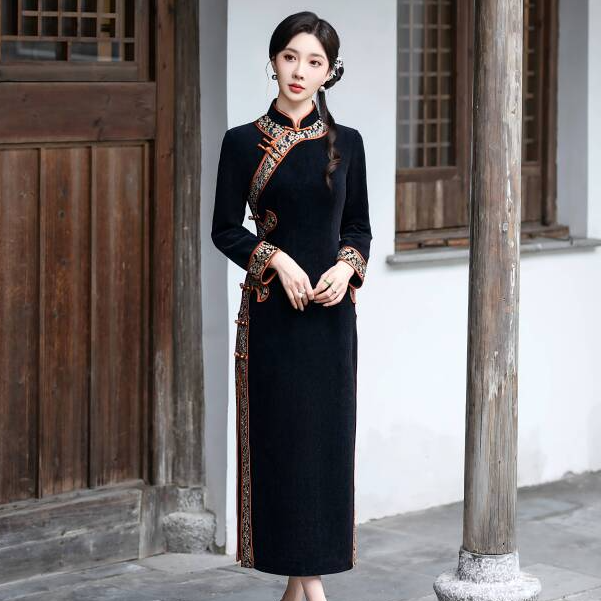A102492,秋冬新款国风复古高贵优雅加厚显瘦老上海日常旗袍裙