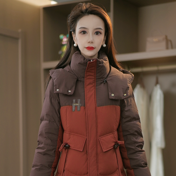 冬季洋气百搭连帽撞色通勤加厚保暖羽绒服外套M-4XL