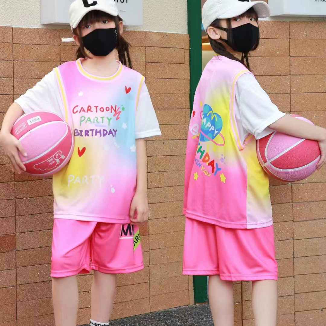 2025儿童夏季新款速干篮球服套装粉色爱心款女童短袖透气运动两件