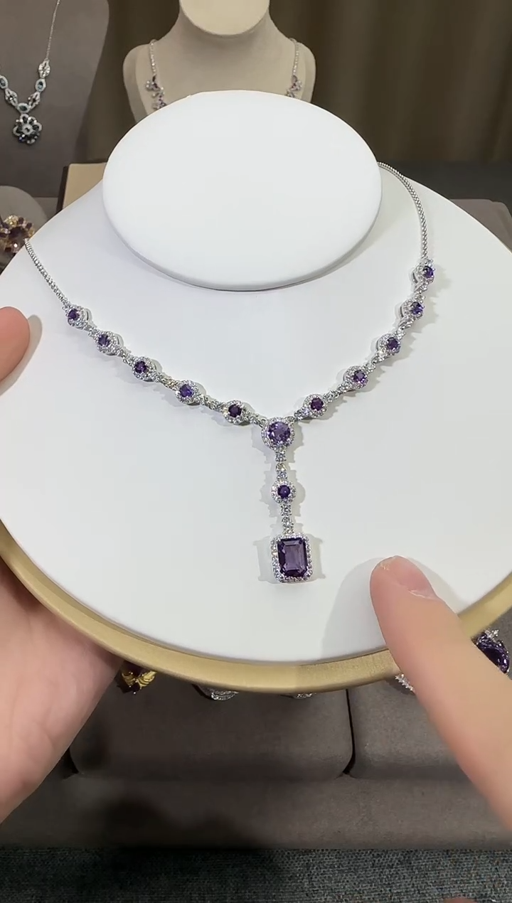 颈饰银S925镶嵌紫晶10*8mm套链高级款