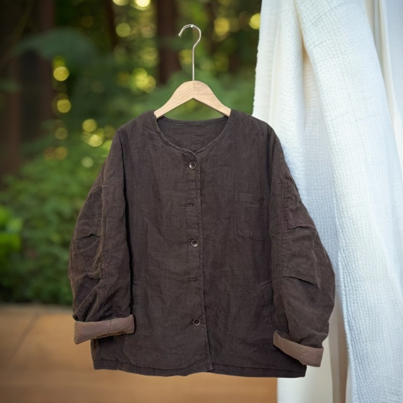 【秋冬】亚麻蝙蝠长袖纽扣圆领加棉短款百搭棉服开衫【80-155】斤