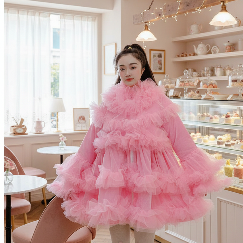 原创设计公主风蕾丝花边云朵网纱连帽棉服外套女