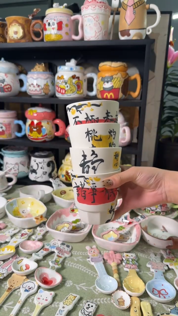 陶瓷无盖款景德镇沁心高温釉下彩纯手绘创意瓷