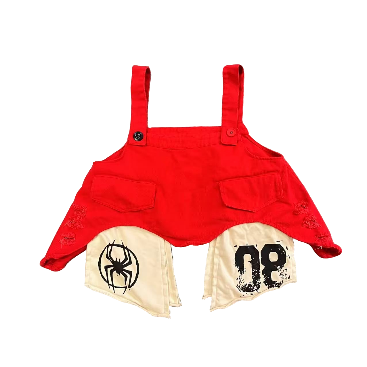 印花拼接可调节牛仔吊带马甲