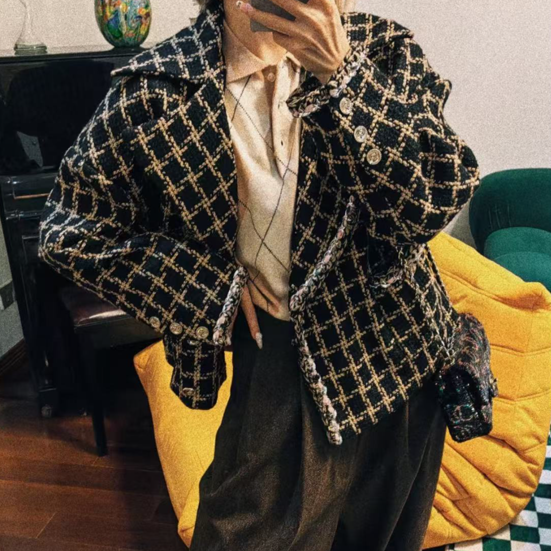 99新 Chanel/香奈儿 皮穿链粉边黑粉粗花呢格子外套刘雯同款 36码