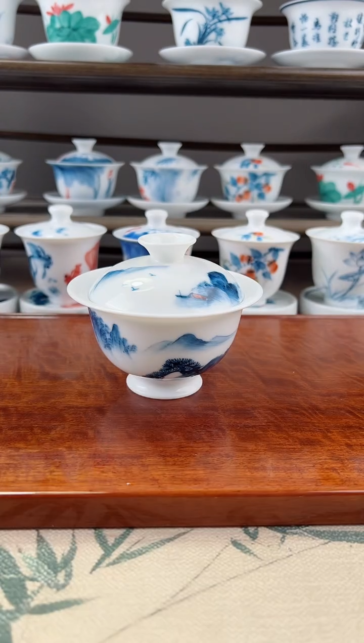 微瑕千里江山二才元宝盖碗