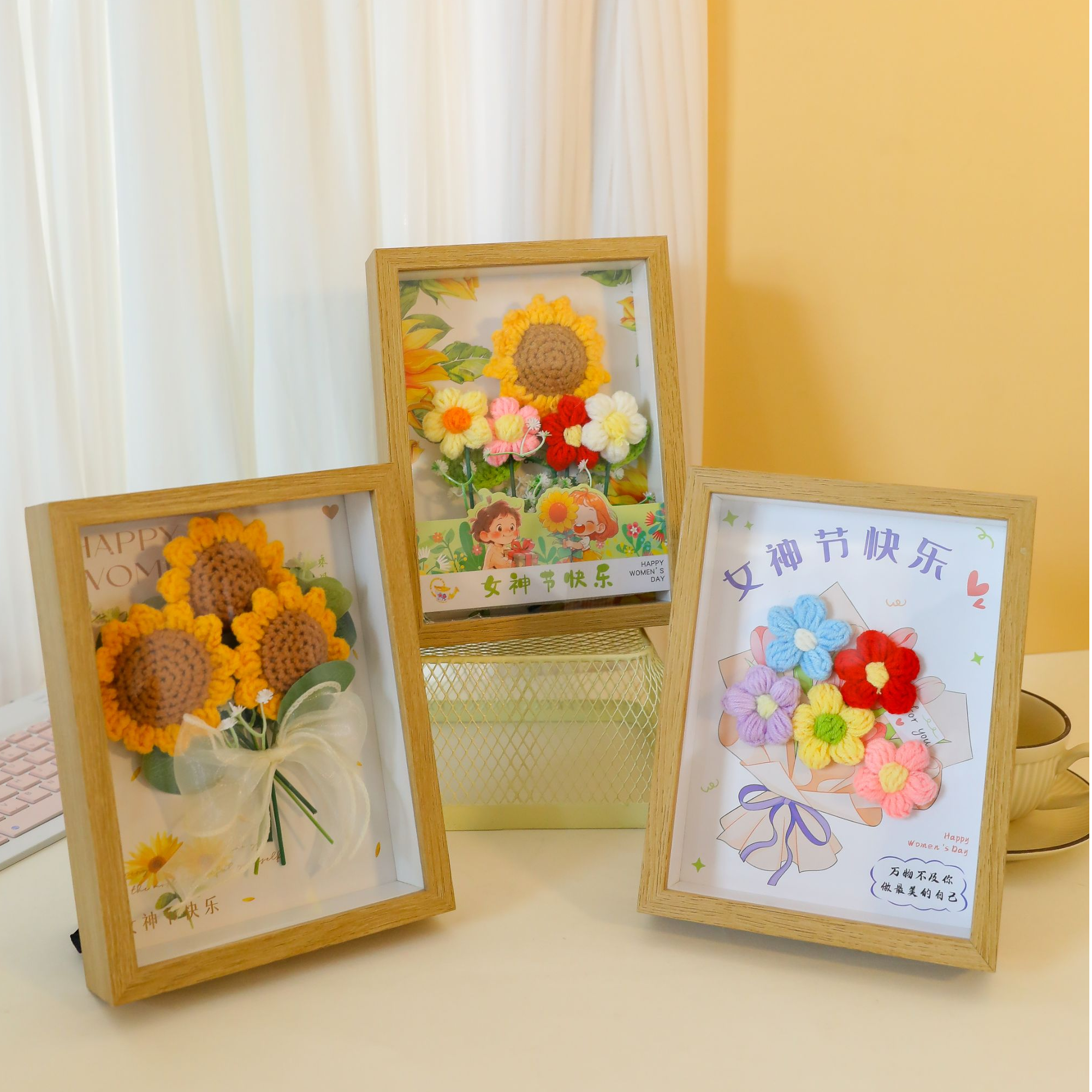 女神节编织针织花毛线花束相框送员工妈妈母亲老婆三八妇女节礼物
