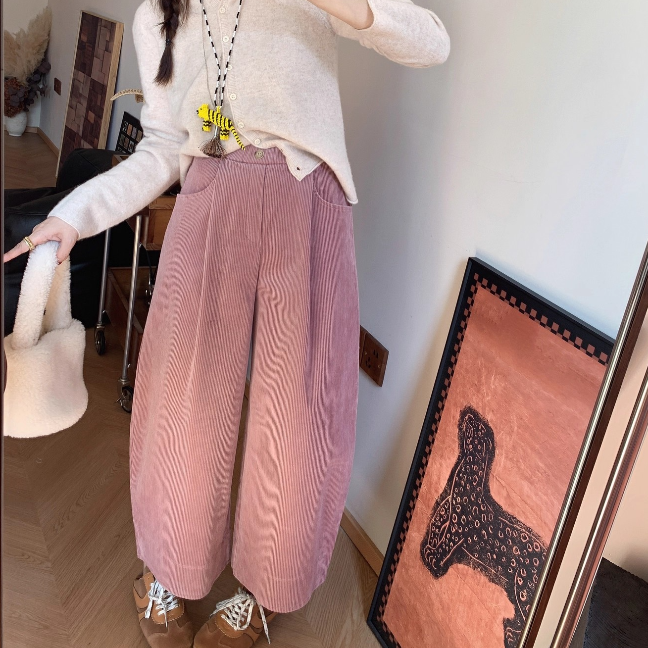 高端货~灯芯绒阔腿裤女休闲老爹裤全棉直筒松紧高腰哈伦条绒裤