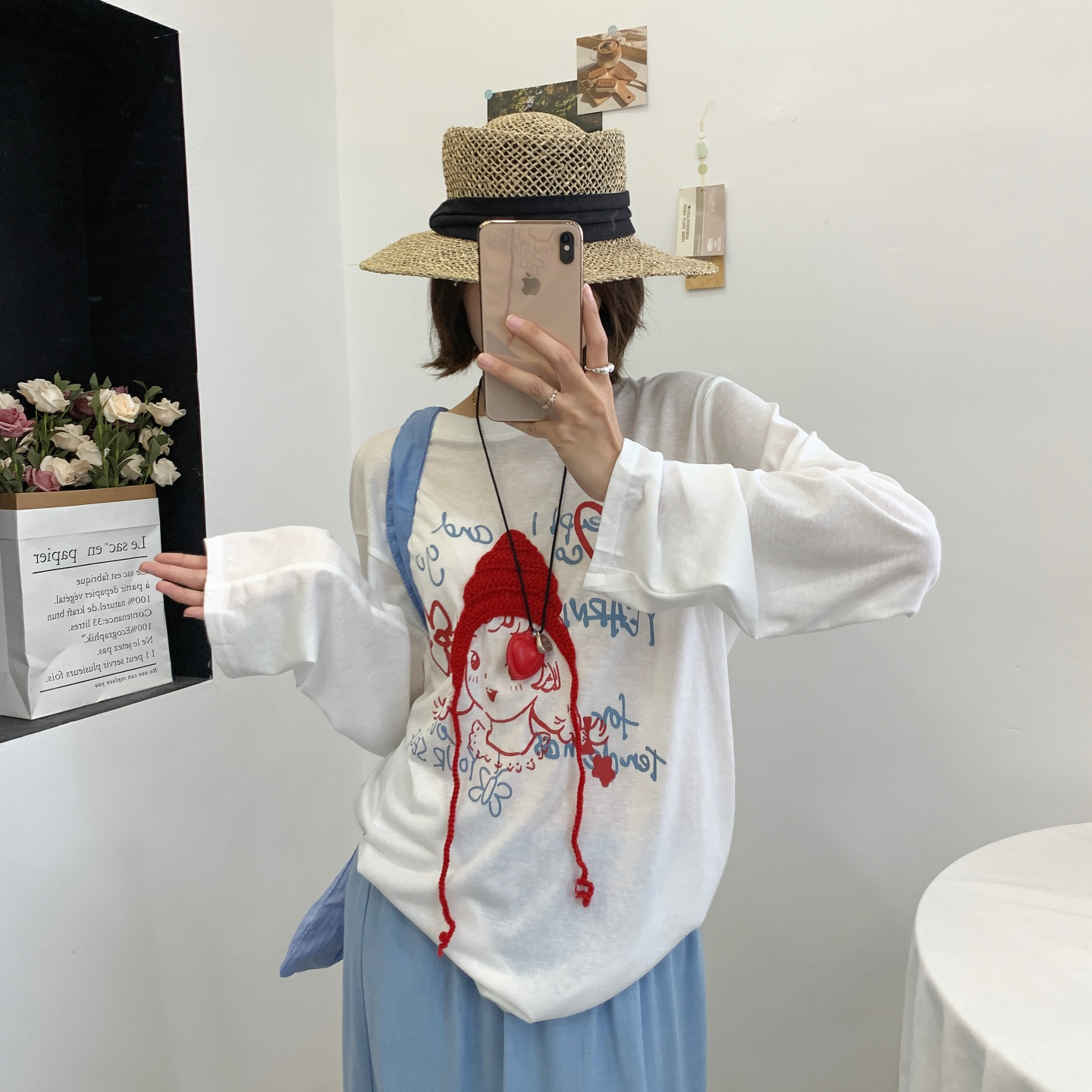 白色小红帽长袖T恤女宽松慵懒风小众设计感甜美巨好看的早秋上衣N