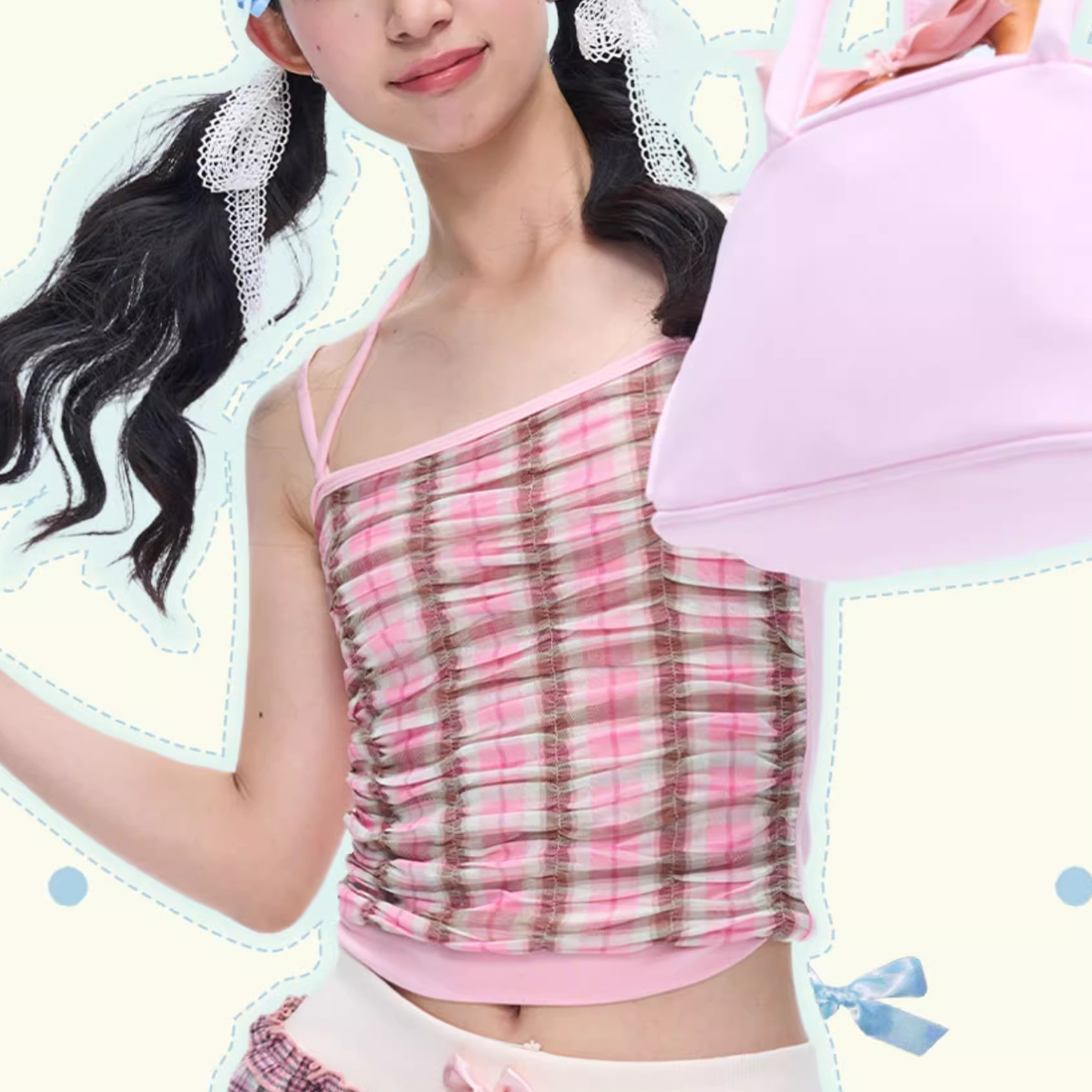 自播礼物商店 粉色格子打褶皱吊带少女感修身收腰甜辣无袖上衣