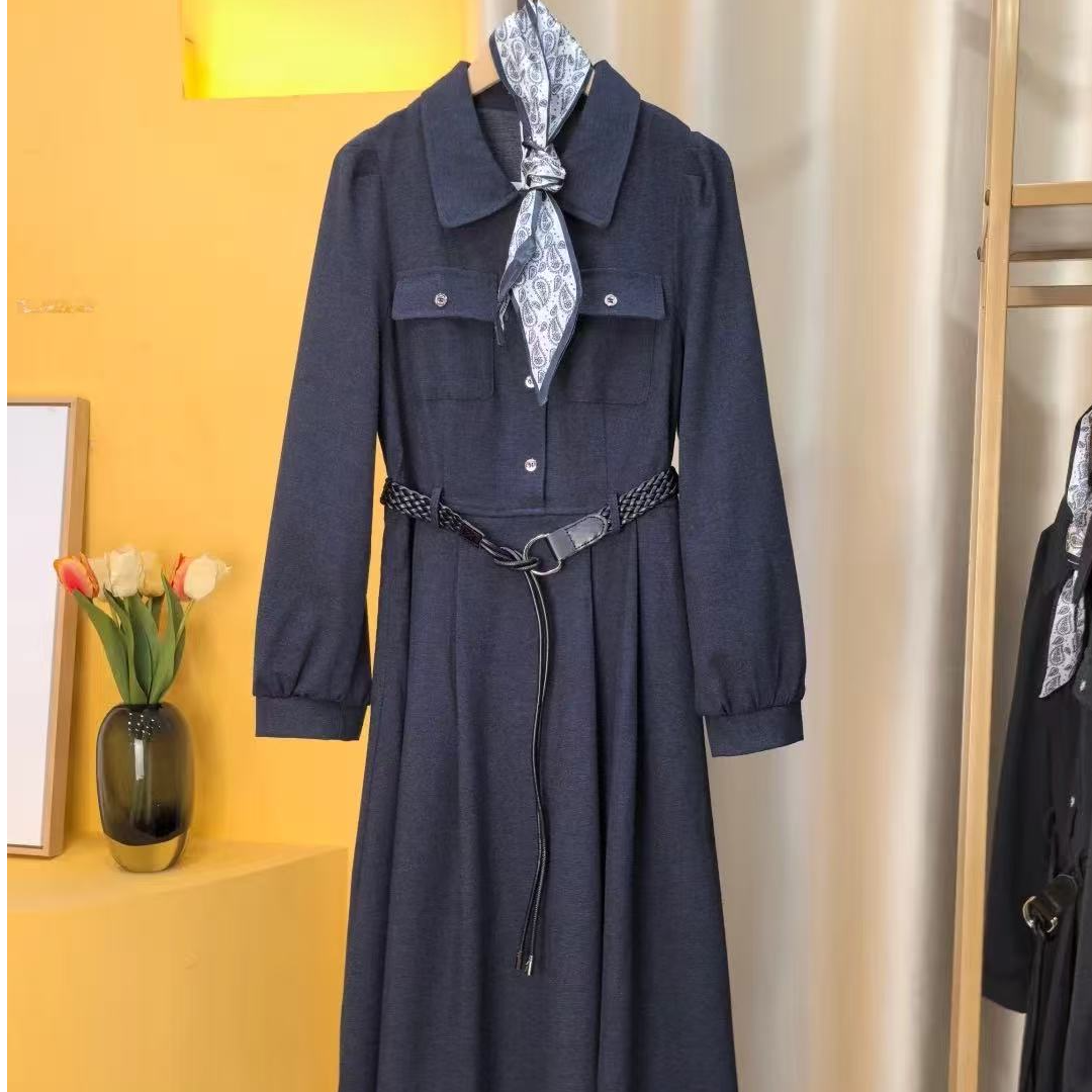 深蓝色法式衬衫连衣裙女2025秋季新款仿牛仔翻领长袖收腰显瘦裙子