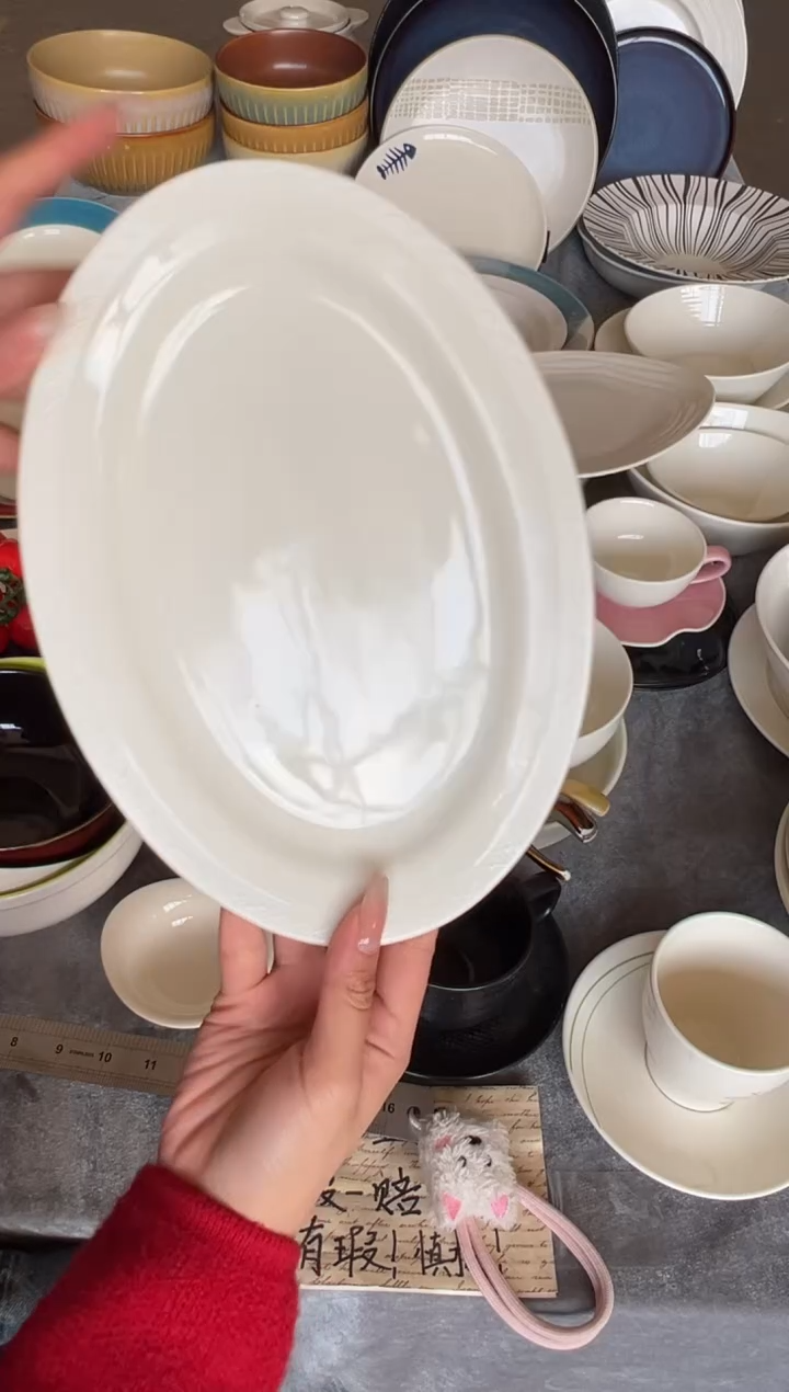 新骨瓷024瑕疵暖白10,5寸椭圆花边鱼盘