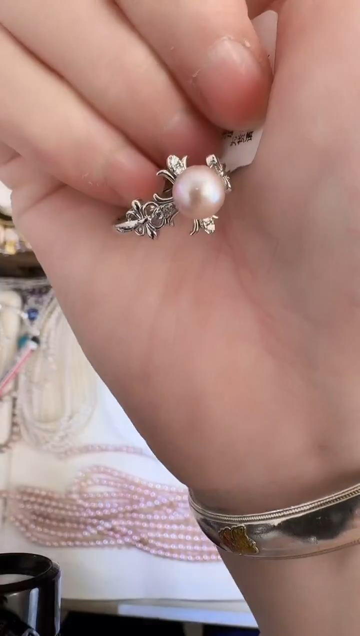 银S925镶嵌戒指淡水珍珠克罗心  c09