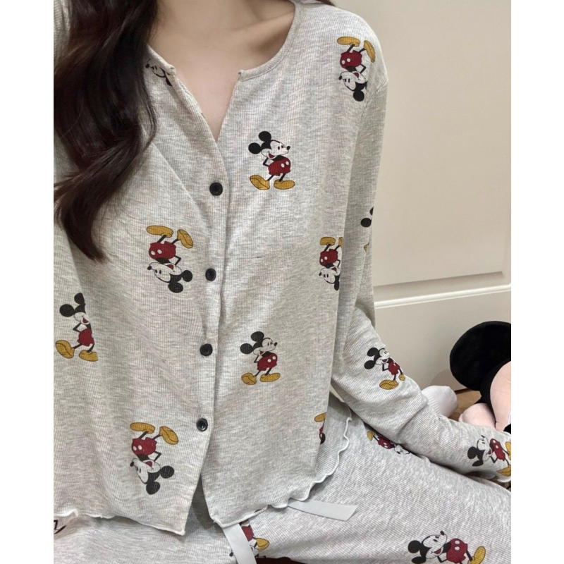 秋季睡衣爆款卡通甜美可爱带胸垫长袖长裤开衫纽扣家居服两件套装