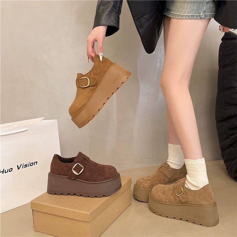 厚底加绒女秋冬新款复古一脚蹬加绒勃肯豆豆鞋A1303