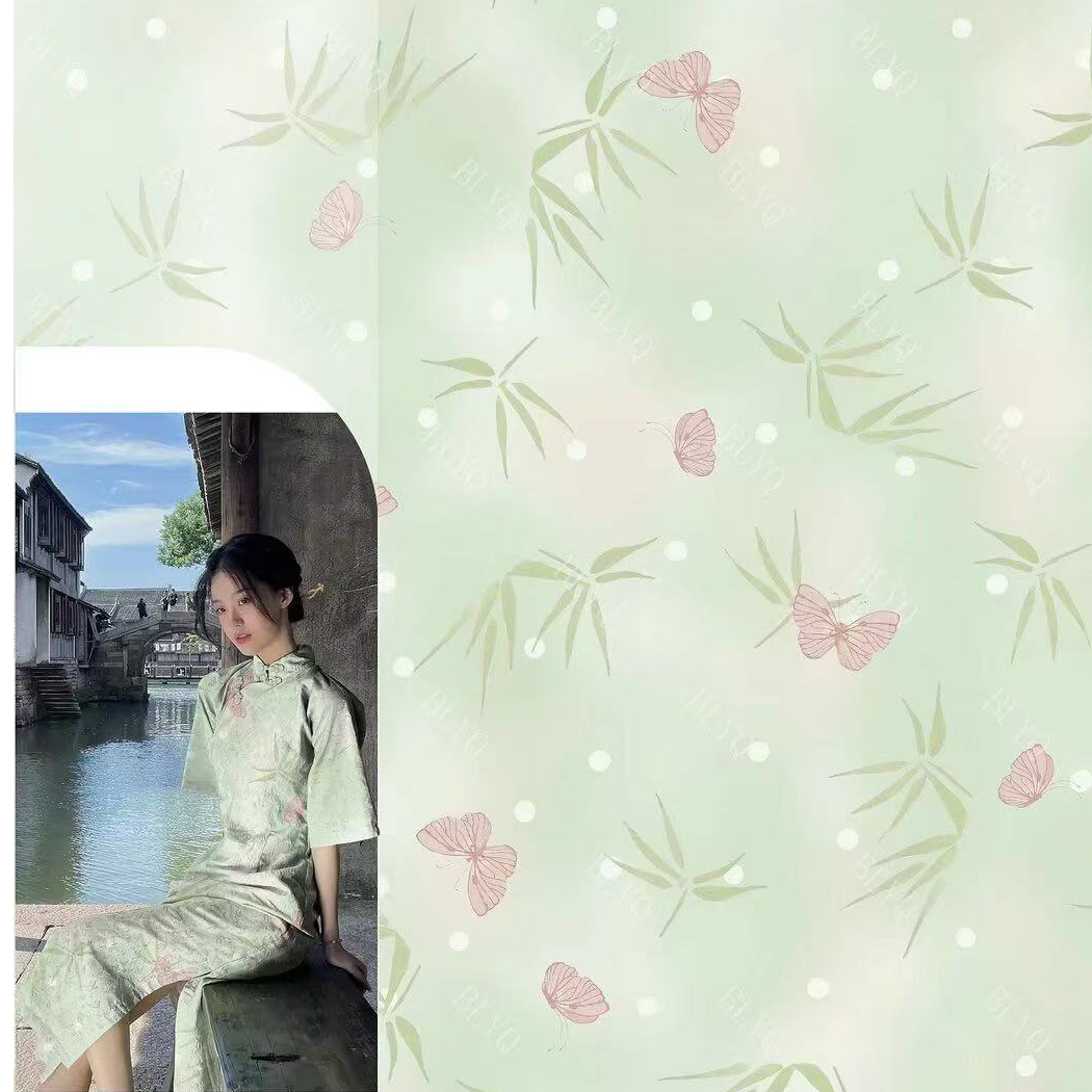 【粉蝶竹子】100真丝香云纱  宽幅140