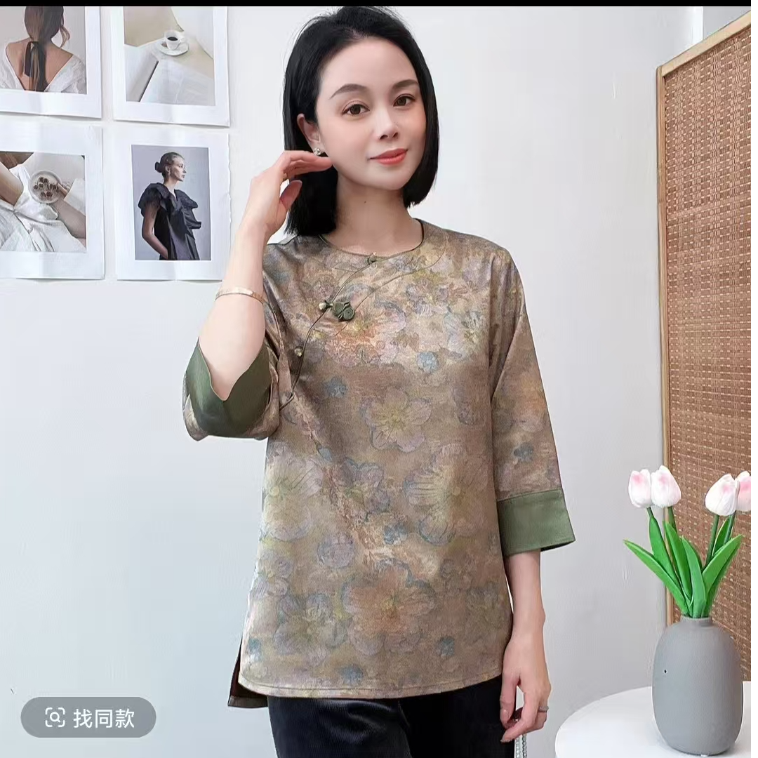 628【经典复古风】2025春夏新款斜襟提花百搭上衣