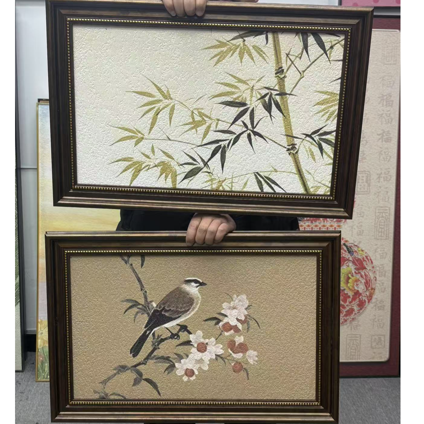 喜上眉梢客厅背景墙装饰画复古高级感挂画法式中古竹子壁画4060