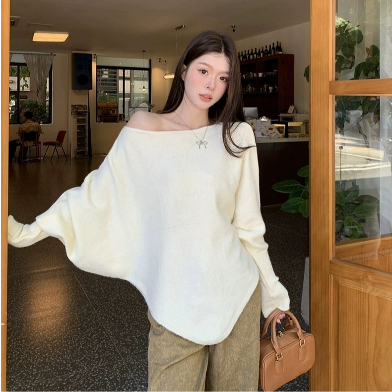 慵懒风V领针织衫毛衣外套2025秋冬新款不规则设计感蝙蝠袖女上衣