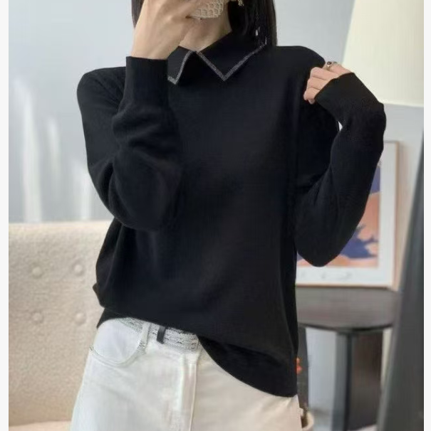 冬季百搭气质小翻领烫钻针织衫女