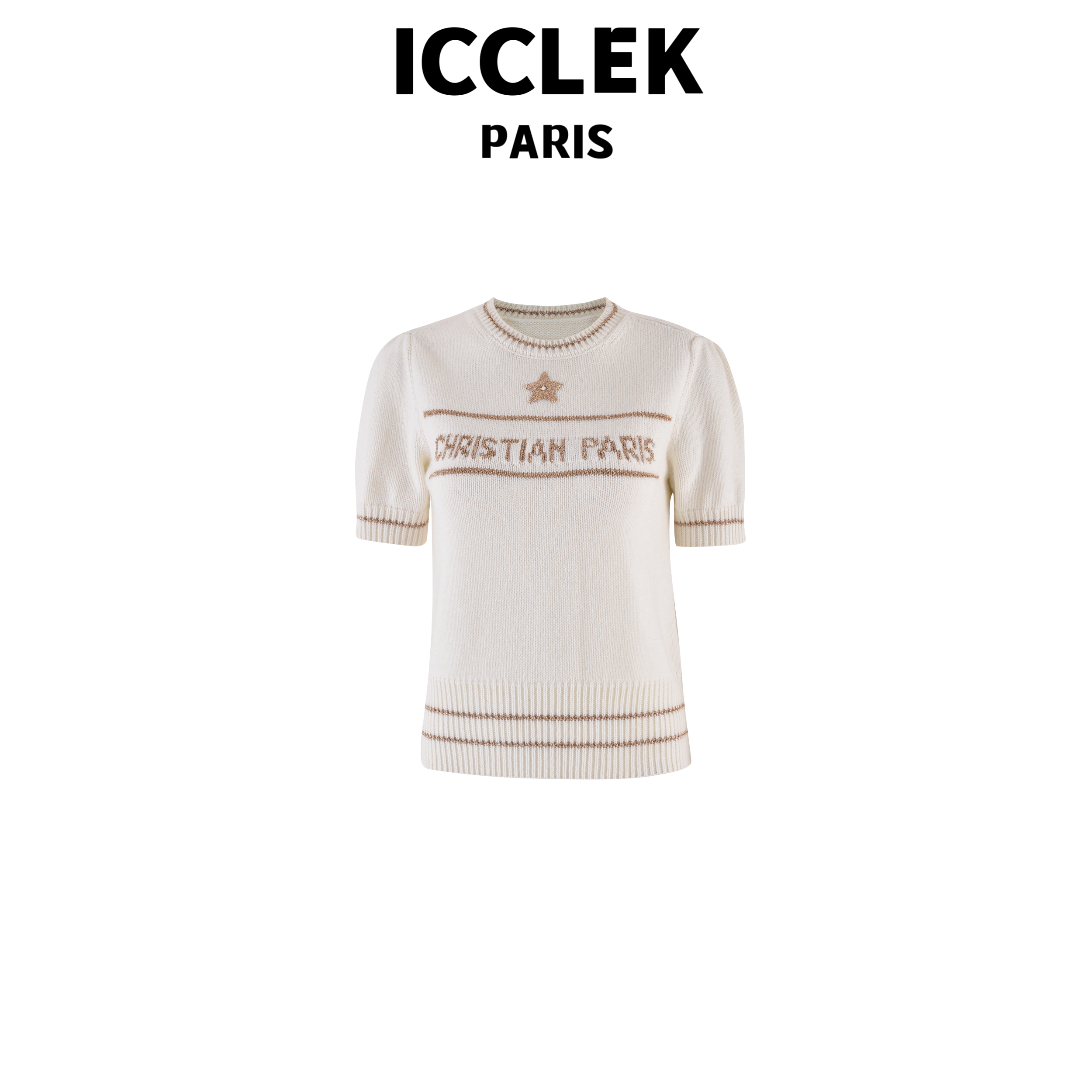  ICCLEK 白色金丝线字母短袖针织衫百搭时尚气质时尚名媛 -  5173
