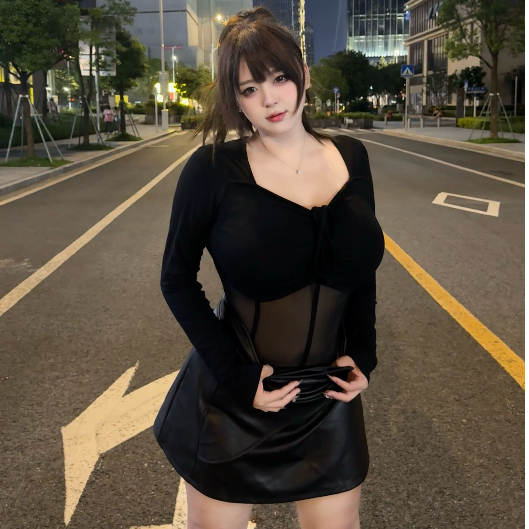 胖MM大码女装网纱拼接纯欲辣妹上衣御姐炸街小性感黑色长袖两件套