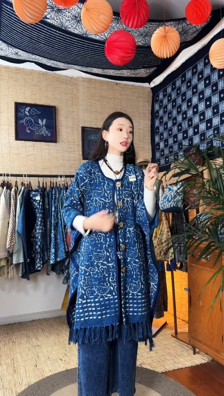 【闪购商品】设计师款蓝染流苏斗篷156