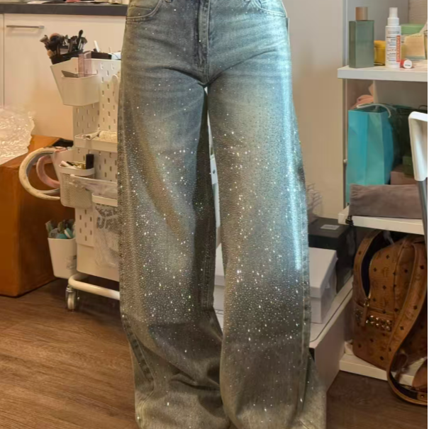 主播身上高腰【no退换】烫钻牛仔阔腿裤加绒加厚【不包邮】