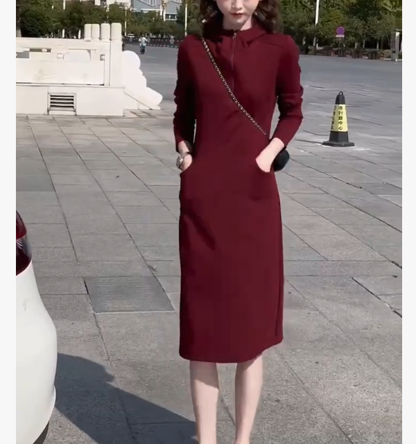 秋季新款简约气质百搭修身显瘦连帽中长款连衣裙FJ92101