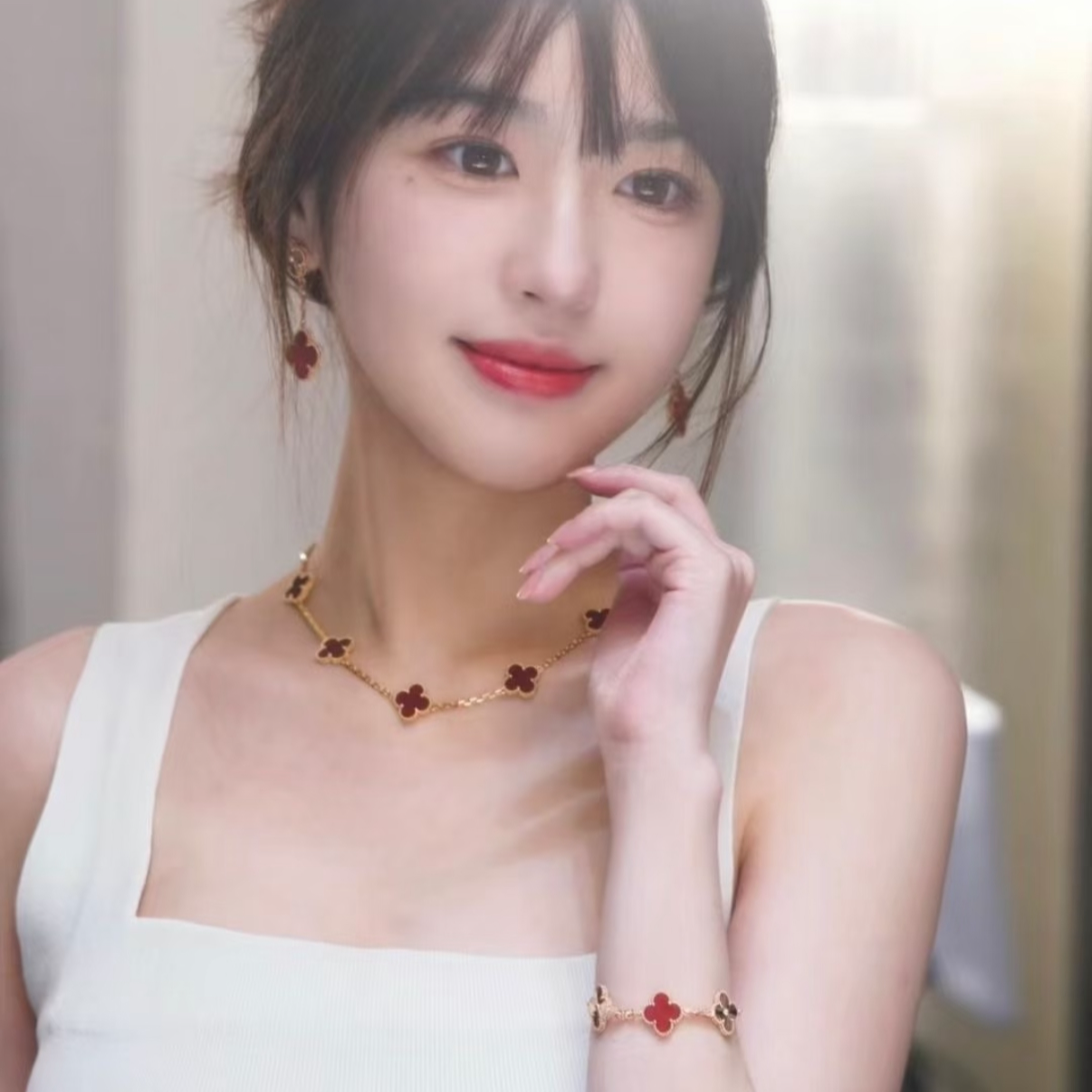 99新 梵克雅宝 小花6欢 十花 红花 18K黄金项链 老扣