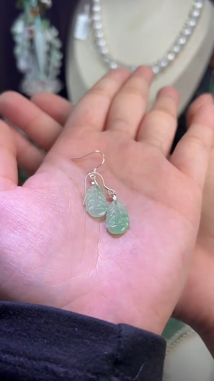 【闪购商品】翡翠耳饰银S925镶嵌玉衡羽毛