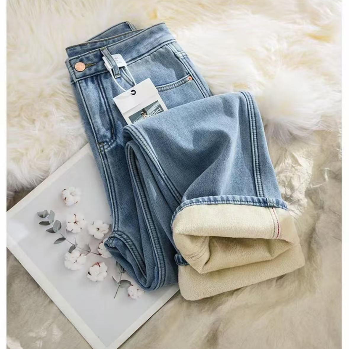 【现货+运费险】6010#浅色窄版阔腿直筒牛仔裤女加绒加厚高腰显瘦