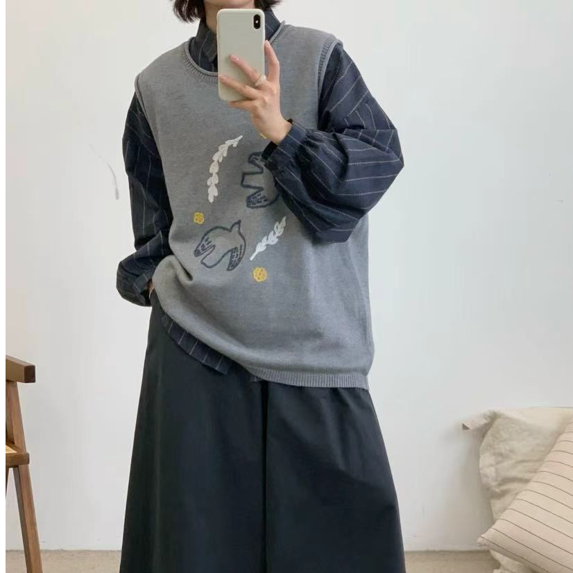 「几布见川」小鸟刺绣中灰马甲