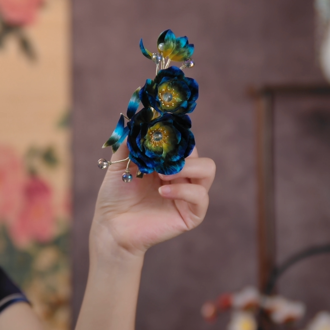 【只此青绿】南京非遗绒花千里江山色牡丹花大气边夹款