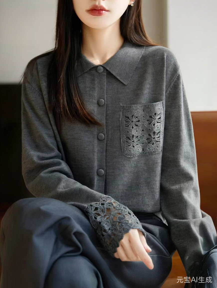 丽飞绵羊毛方领重工口袋开衫外套女毛衣气质宽松显瘦上衣常规款